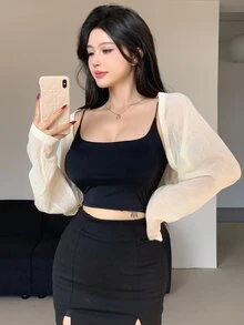 DAZY Women's Solid Color Short Crop Long Sleeve Lightweight Cardigan Summer - Beige - View 9