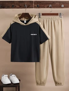 SHEIN 兒童青少年男孩休閒街頭時尚拼色拼接連帽短袖T恤上衣與卡其色長褲套裝，適合通勤、上學、日常休閒外出、運動，適用春、夏、秋季 - 卡其色 - 查看 4