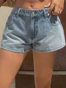 DAZY Women's Plain Color Belt Loop Casual Loose Denim Shorts Low Rise Jeans Jorts - Blue - View 3
