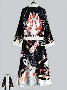 Irokai 浮世繪紅色面具祥雲印花寬袖和服罩衫，繫腰浴袍，日式浴衣度假旅行黑色款 - 彩色 - 查看 1