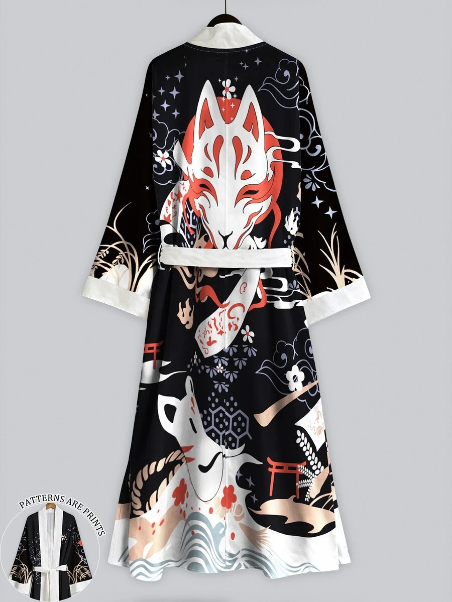 Irokai 浮世繪紅色面具祥雲印花寬袖和服罩衫,繫腰浴袍,日式浴衣度假旅行黑色款 - 彩色 - 查看 1