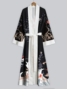 Irokai 浮世繪紅色面具祥雲印花寬袖和服罩衫，繫腰浴袍，日式浴衣度假旅行黑色款 - 彩色 - 查看 2