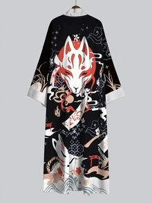 Irokai 浮世繪紅色面具祥雲印花寬袖和服罩衫，繫腰浴袍，日式浴衣度假旅行黑色款 - 彩色 - 查看 3