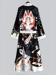 Irokai 浮世繪紅色面具祥雲印花寬袖和服罩衫，繫腰浴袍，日式浴衣度假旅行黑色款 - 彩色 - 查看 5