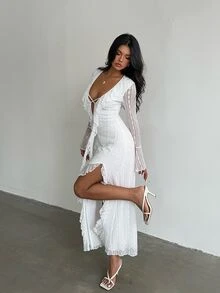 SHEIN Glamour Women White Lace Dress Long Sleeve Flare Cuff Ruffle Deep V Criss‑Cross Front High Slit Elegant Fall Wedding Guest Coquette Evening Party Dress - White - View 6