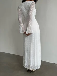 SHEIN Glamour Women White Lace Dress Long Sleeve Flare Cuff Ruffle Deep V Criss‑Cross Front High Slit Elegant Fall Wedding Guest Coquette Evening Party Dress - White - View 2