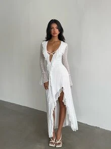 SHEIN Glamour Women White Lace Dress Long Sleeve Flare Cuff Ruffle Deep V Criss‑Cross Front High Slit Elegant Fall Wedding Guest Coquette Evening Party Dress - White - View 8