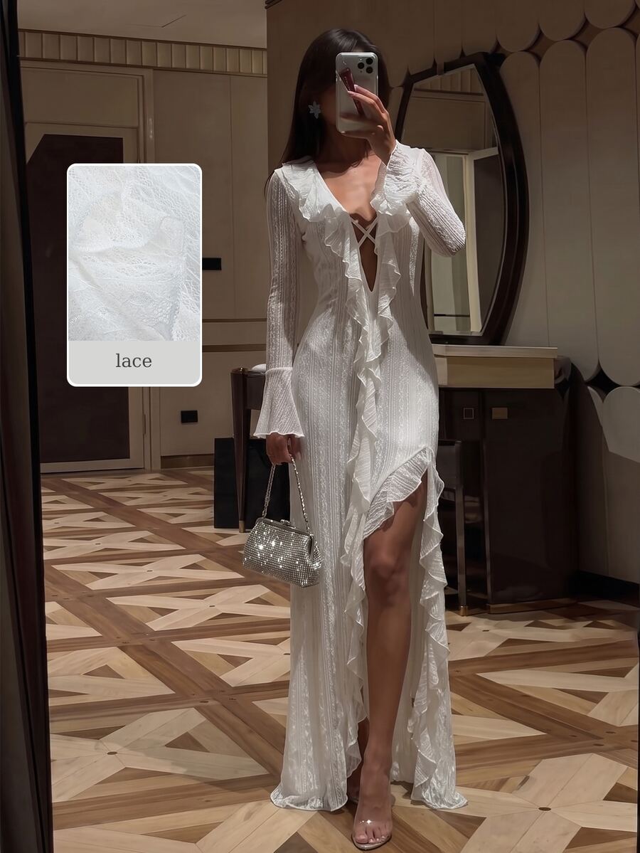 SHEIN Glamour Women White Lace Dress Long Sleeve Flare Cuff Ruffle Deep V Criss‑Cross Front High Slit Elegant Fall Wedding Guest Coquette Evening Party Dress - White - View 1