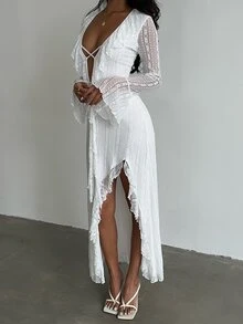 SHEIN Glamour Women White Lace Dress Long Sleeve Flare Cuff Ruffle Deep V Criss‑Cross Front High Slit Elegant Fall Wedding Guest Coquette Evening Party Dress - White - View 4