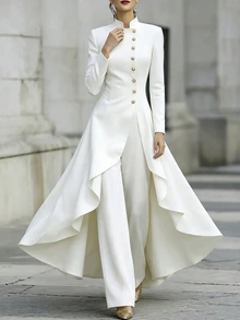 SHEIN Elegant White Two Pieces Formal Set High Neck Gold Buttons Irregular Flowy Hem Long Jacket Wide Leg P - White - View 4