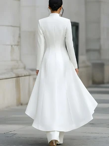 SHEIN Elegant White Two Pieces Formal Set High Neck Gold Buttons Irregular Flowy Hem Long Jacket Wide Leg P - White - View 2