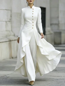 SHEIN Elegant White Two Pieces Formal Set High Neck Gold Buttons Irregular Flowy Hem Long Jacket Wide Leg P - White - View 3