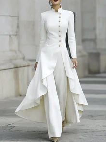 SHEIN Elegant White Two Pieces Formal Set High Neck Gold Buttons Irregular Flowy Hem Long Jacket Wide Leg P - White - View 1