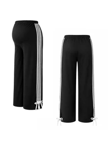 SHEIN Maternity Wide Leg Black Pants Elastic Waistband Black And White Striped Side Tape Bowknot Photoshoot Fall Baggy Pregnant Loose Fit Home Wear - Black - View 3