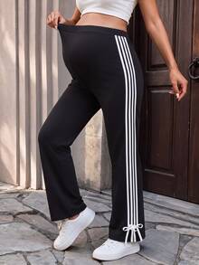 SHEIN Maternity Wide Leg Black Pants Elastic Waistband Black And White Striped Side Tape Bowknot Photoshoot Fall Baggy Pregnant Loose Fit Home Wear - Black - View 9