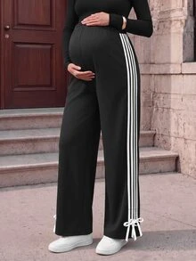 SHEIN Maternity Wide Leg Black Pants Elastic Waistband Black And White Striped Side Tape Bowknot Photoshoot Fall Baggy Pregnant Loose Fit Home Wear - Black - View 10