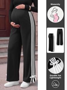 SHEIN Maternity Wide Leg Black Pants Elastic Waistband Black And White Striped Side Tape Bowknot Photoshoot Fall Baggy Pregnant Loose Fit Home Wear - Black - View 1