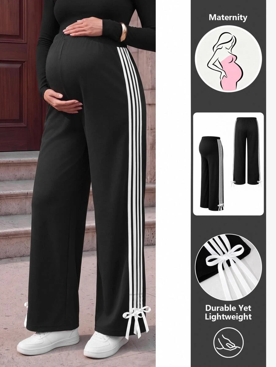 SHEIN Maternity Wide Leg Black Pants Elastic Waistband Black And White Striped Side Tape Bowknot Photoshoot Fall Baggy Pregnant Loose Fit Home Wear - Black - View 1