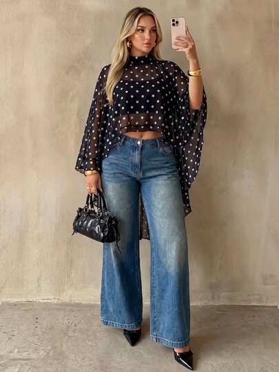 Auralis Plus Size Black & White Polka Dot Small Stand Collar Front Short Back Long Loose Fashion Hem Ruffle Blouse Inner Tank Top Fall/Winter Partry Outfits