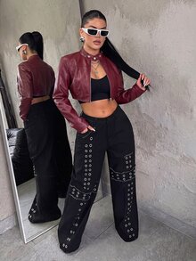 Dayanna Comas Women's Solid Color PU Leather Zipper Fashion Versatile Daily Casual Jacket - Burgundy - View 5