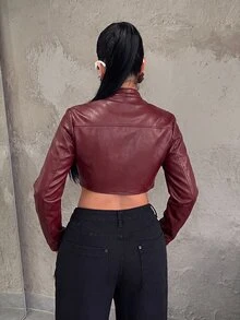 Dayanna Comas Women's Solid Color PU Leather Zipper Fashion Versatile Daily Casual Jacket - Burgundy - View 2