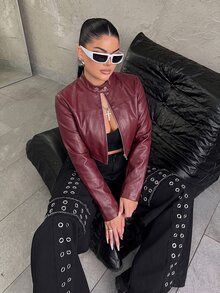 Dayanna Comas Women's Solid Color PU Leather Zipper Fashion Versatile Daily Casual Jacket - Burgundy - View 4