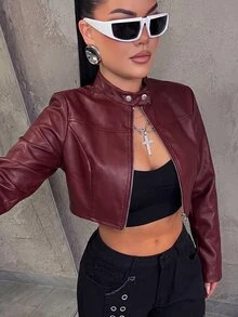 Dayanna Comas Women's Solid Color PU Leather Zipper Fashion Versatile Daily Casual Jacket - Burgundy - View 6
