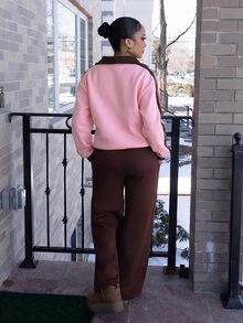 Melissa Matos 女款秋冬保暖內裡對比色織帶POLO領刺繡寬鬆運動衫 - 淺粉色 - 查看 2