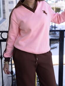 Melissa Matos 女款秋冬保暖內裡對比色織帶POLO領刺繡寬鬆運動衫 - 淺粉色 - 查看 5