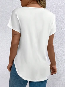 EMERY ROSE Regular Women's Solid Color V-Neck Short-Sleeved Casual T-Shirt - White - View 2