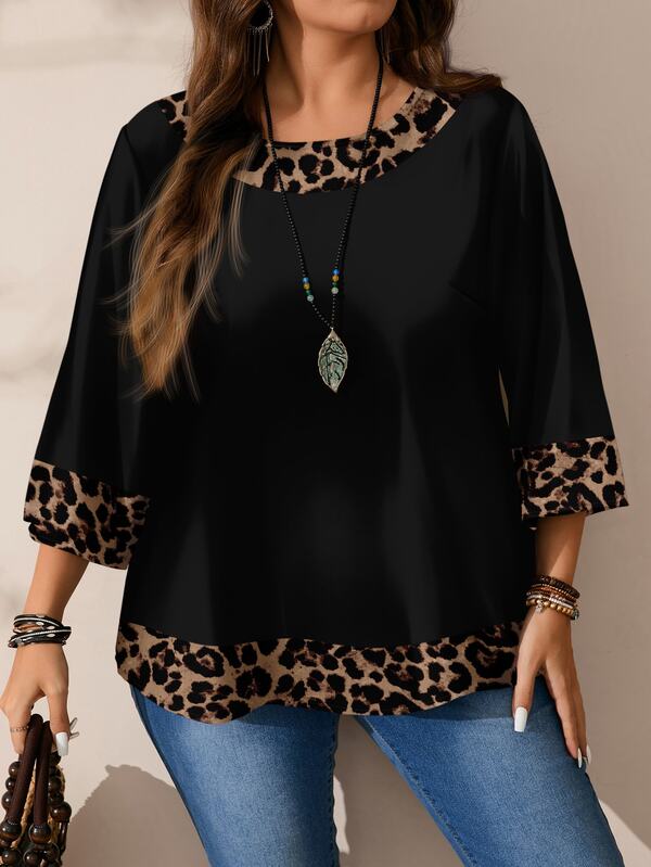 EMERY ROSE Camisa elegante y vintage de talla grande con estampado de leopardo y cuello redondo, manga 3/4, adecuada para otoño/invierno