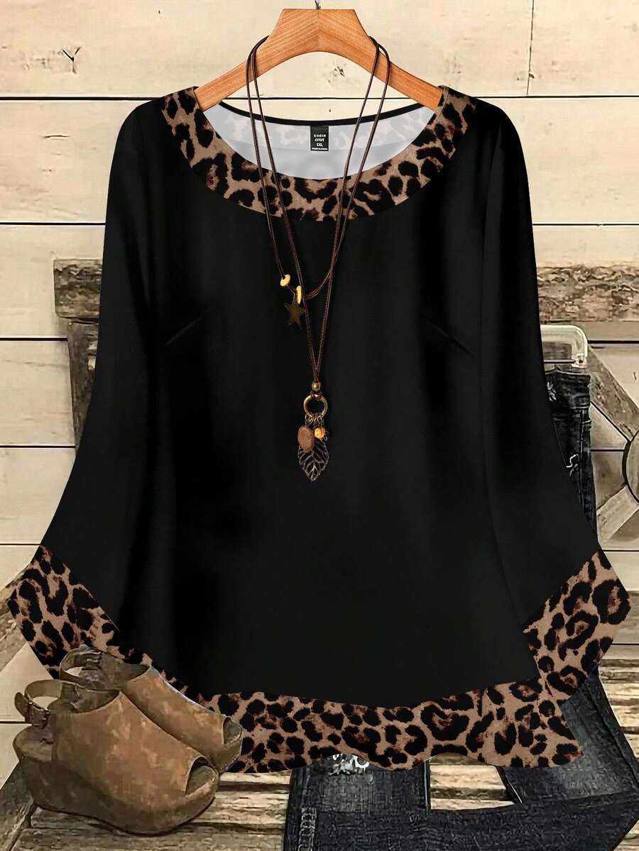 EMERY ROSE 优雅复古豹纹加大码圆领七分袖衬衫,适合秋冬季 - 彩色 - 查看 1