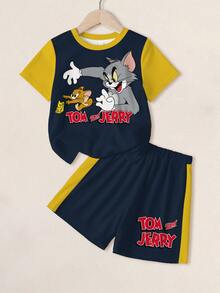 TOM & JERRY X SHEIN Young Boy Letter Print Short Sleeve T-Shirt And Shorts Casual Set - White - View 1