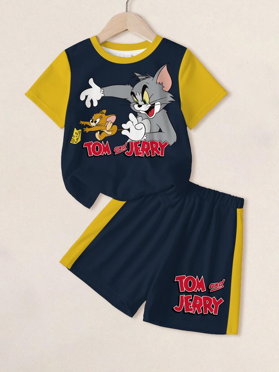 TOM & JERRY X SHEIN Young Boy Letter Print Short Sleeve T-Shirt And Shorts Casual Set - White - View 1