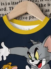 TOM & JERRY X SHEIN Young Boy Letter Print Short Sleeve T-Shirt And Shorts Casual Set - White - View 3