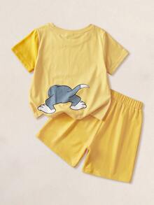 TOM & JERRY X SHEIN Young Boy Cartoon Print Crew Neck T-Shirt And Shorts Set - Yellow - View 2