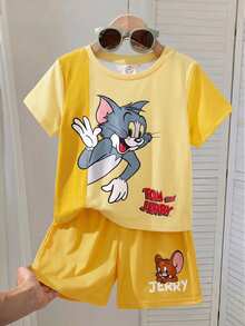 TOM & JERRY X SHEIN Young Boy Cartoon Print Crew Neck T-Shirt And Shorts Set - Yellow - View 3