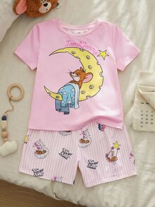 TOM & JERRY X SHEIN 2pcs/Set Young Girl Fun Casual Style Cartoon Print Crew Neck Short Sleeve Top And Shorts Comfortable Loungewear - Multicolor - View 3
