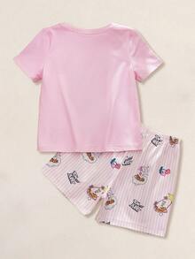 TOM & JERRY X SHEIN 2pcs/Set Young Girl Fun Casual Style Cartoon Print Crew Neck Short Sleeve Top And Shorts Comfortable Loungewear - Multicolor - View 2