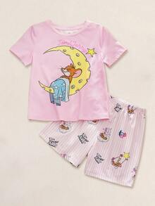 TOM & JERRY X SHEIN 2pcs/Set Young Girl Fun Casual Style Cartoon Print Crew Neck Short Sleeve Top And Shorts Comfortable Loungewear - Multicolor - View 1