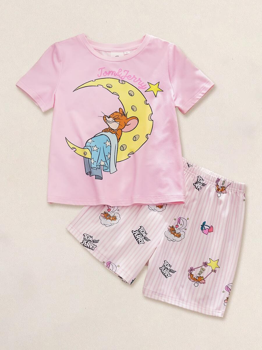 TOM & JERRY X SHEIN 2pcs/Set Young Girl Fun Casual Style Cartoon Print Crew Neck Short Sleeve Top And Shorts Comfortable Loungewear - Multicolor - View 1