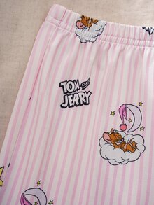 TOM & JERRY X SHEIN 2pcs/Set Young Girl Fun Casual Style Cartoon Print Crew Neck Short Sleeve Top And Shorts Comfortable Loungewear - Multicolor - View 6