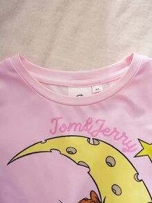 TOM & JERRY X SHEIN 2pcs/Set Young Girl Fun Casual Style Cartoon Print Crew Neck Short Sleeve Top And Shorts Comfortable Loungewear - Multicolor - View 4