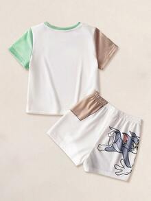 TOM & JERRY X SHEIN Baby Boy Round Neck Color Block Letter Cartoon Print Short Sleeve T-Shirt And Shorts Casual Daily Set - Multicolor - View 2