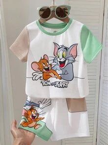TOM & JERRY X SHEIN Baby Boy Round Neck Color Block Letter Cartoon Print Short Sleeve T-Shirt And Shorts Casual Daily Set - Multicolor - View 3