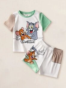TOM & JERRY X SHEIN Baby Boy Round Neck Color Block Letter Cartoon Print Short Sleeve T-Shirt And Shorts Casual Daily Set - Multicolor - View 1