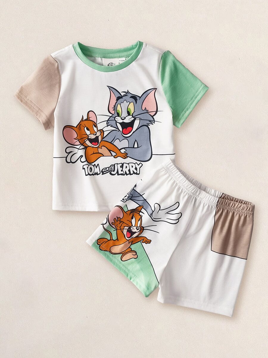 TOM & JERRY X SHEIN Baby Boy Round Neck Color Block Letter Cartoon Print Short Sleeve T-Shirt And Shorts Casual Daily Set - Multicolor - View 1