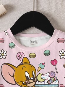 TOM & JERRY X SHEIN 少女夏季卡通與字母圖案短袖T恤 - 白色 - 查看 4