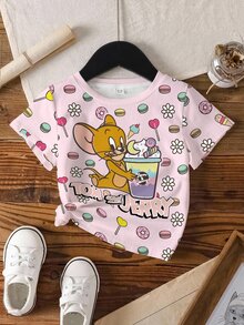 TOM & JERRY X SHEIN 少女夏季卡通與字母圖案短袖T恤 - 白色 - 查看 3