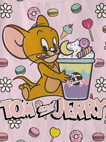 TOM & JERRY X SHEIN 少女夏季卡通與字母圖案短袖T恤 - 白色 - 查看 6